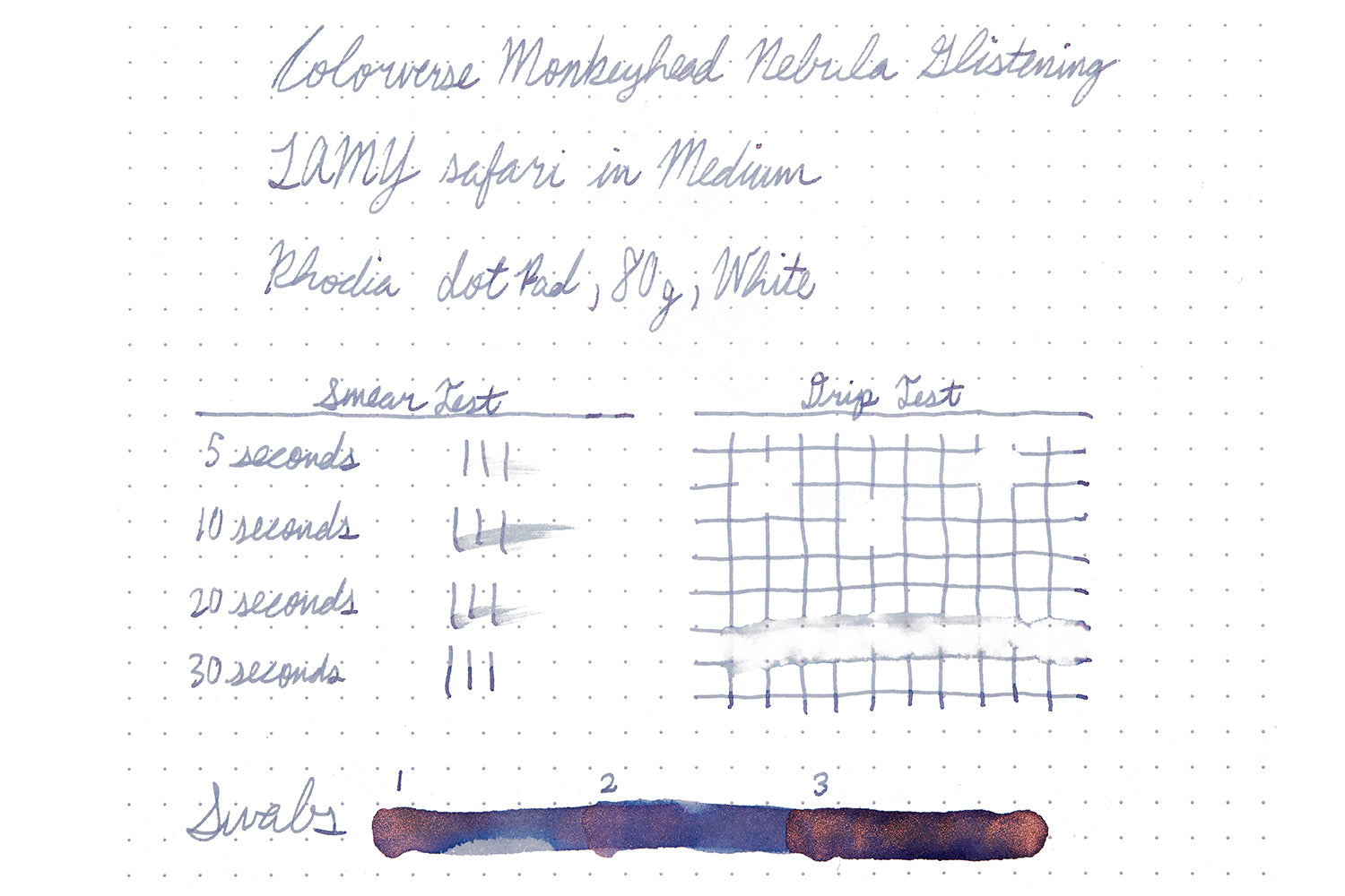 Colorverse Monkeyhead Nebula Glistening fountain pen ink bottle, writing sample on white dot grid paper