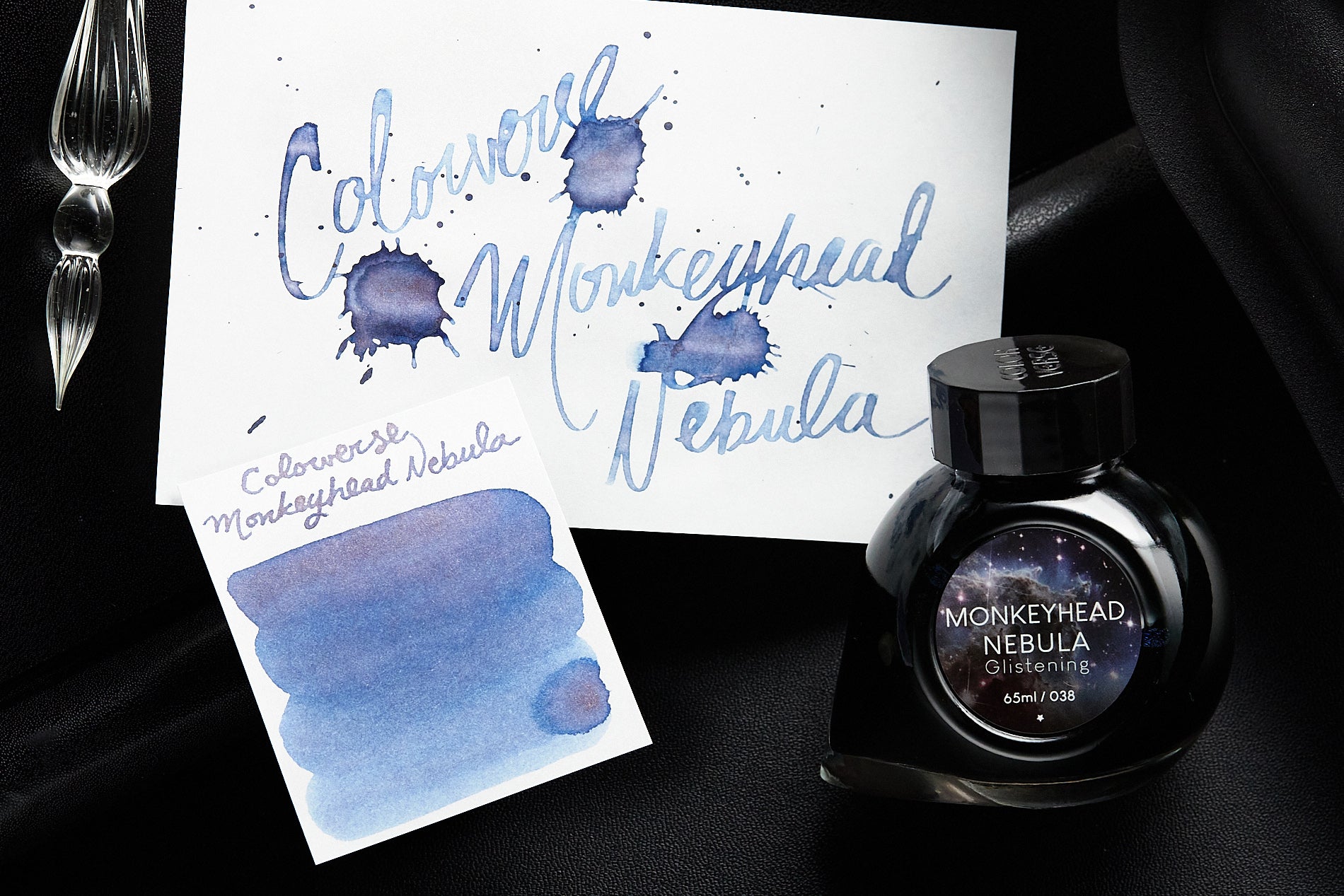 Colorverse Monkeyhead Nebula Glistening fountain pen ink bottle, writing sample and swatch