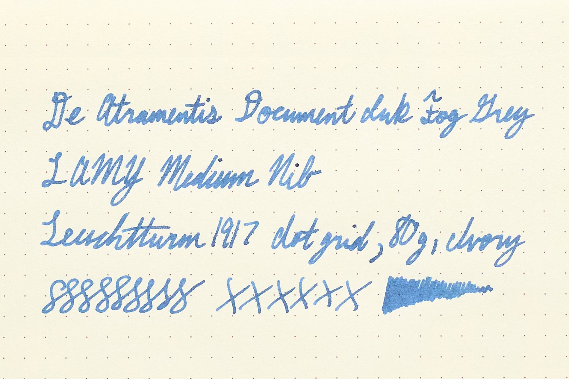 De Atramentis Document Ink Fog Grey fountain pen ink writing test on ivory Leuchtturm1917 dot grid paper.