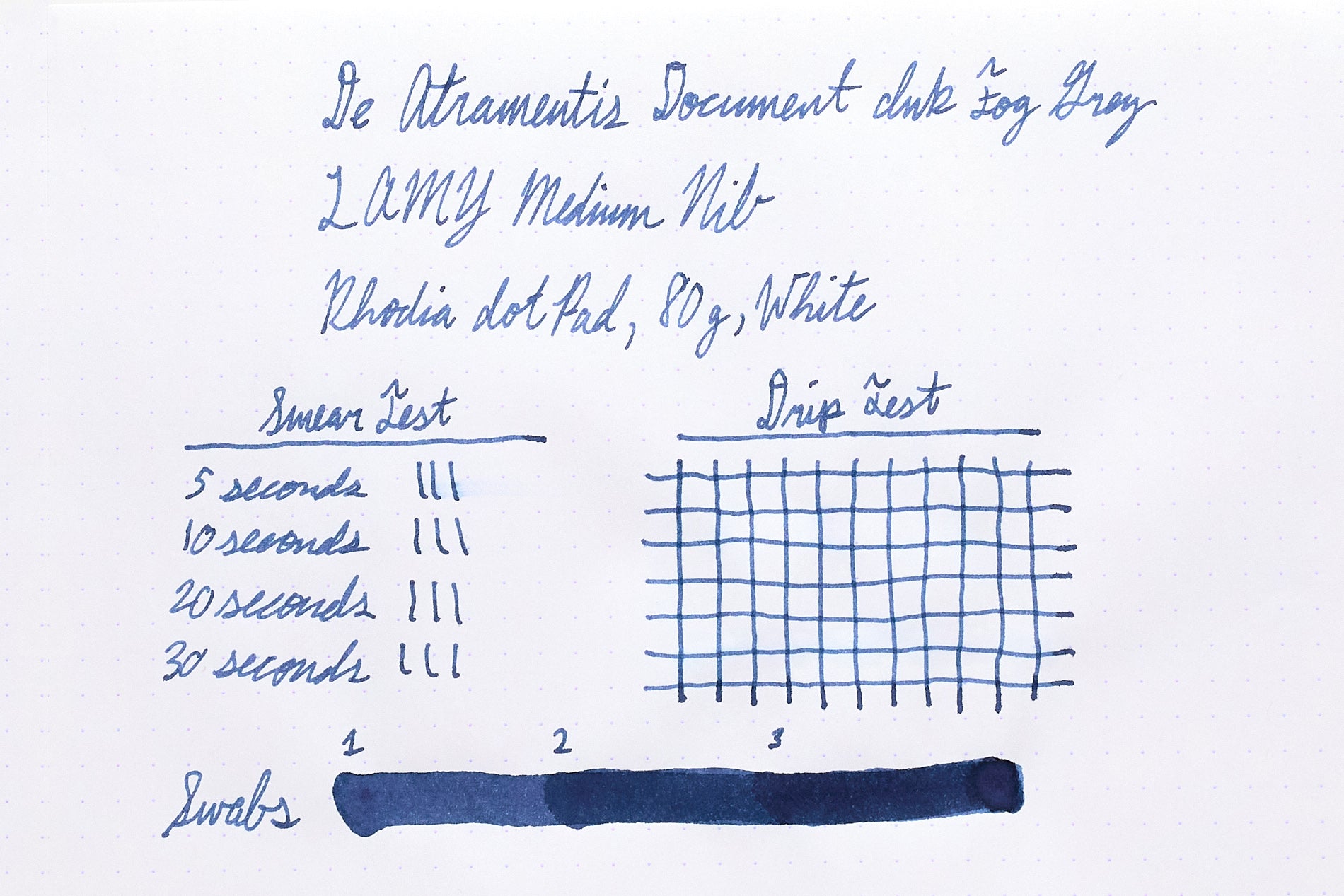 De Atramentis Document Ink Fog Grey fountain pen ink writing test on white Rhodia dotPad paper.