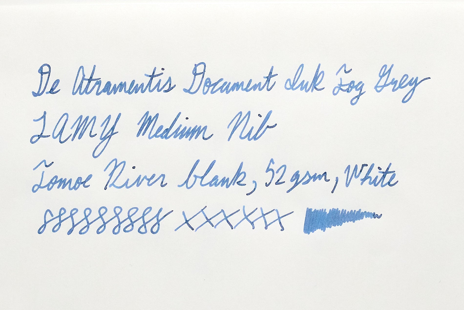 De Atramentis Document Ink Fog Grey fountain pen ink writing test on white Tomoe River blank paper.