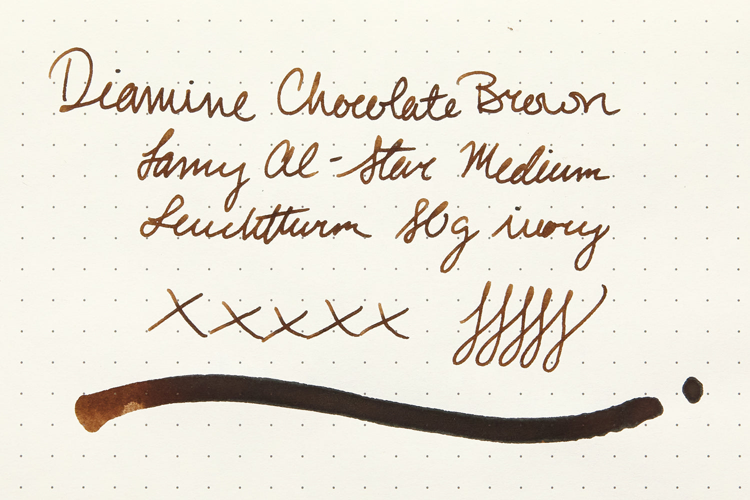 Diamine Chocolate Brown Fountain Pen Ink writing sample on cream dot grid paper