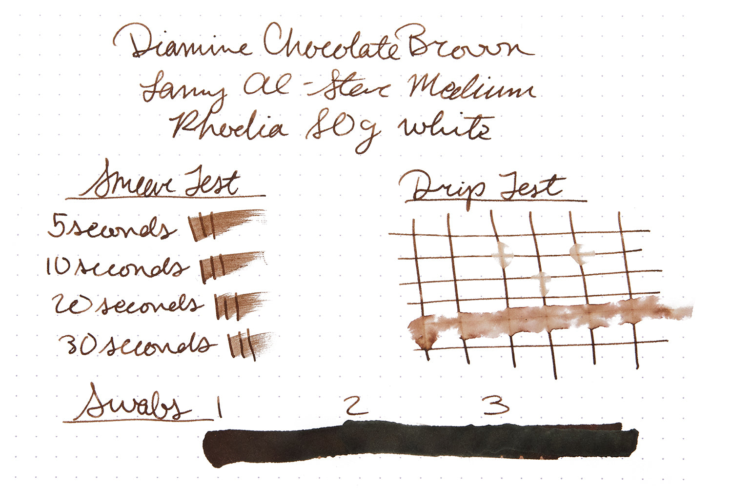 Diamine Chocolate Brown Fountain Pen Ink with ink writing sample on white dot grid paper