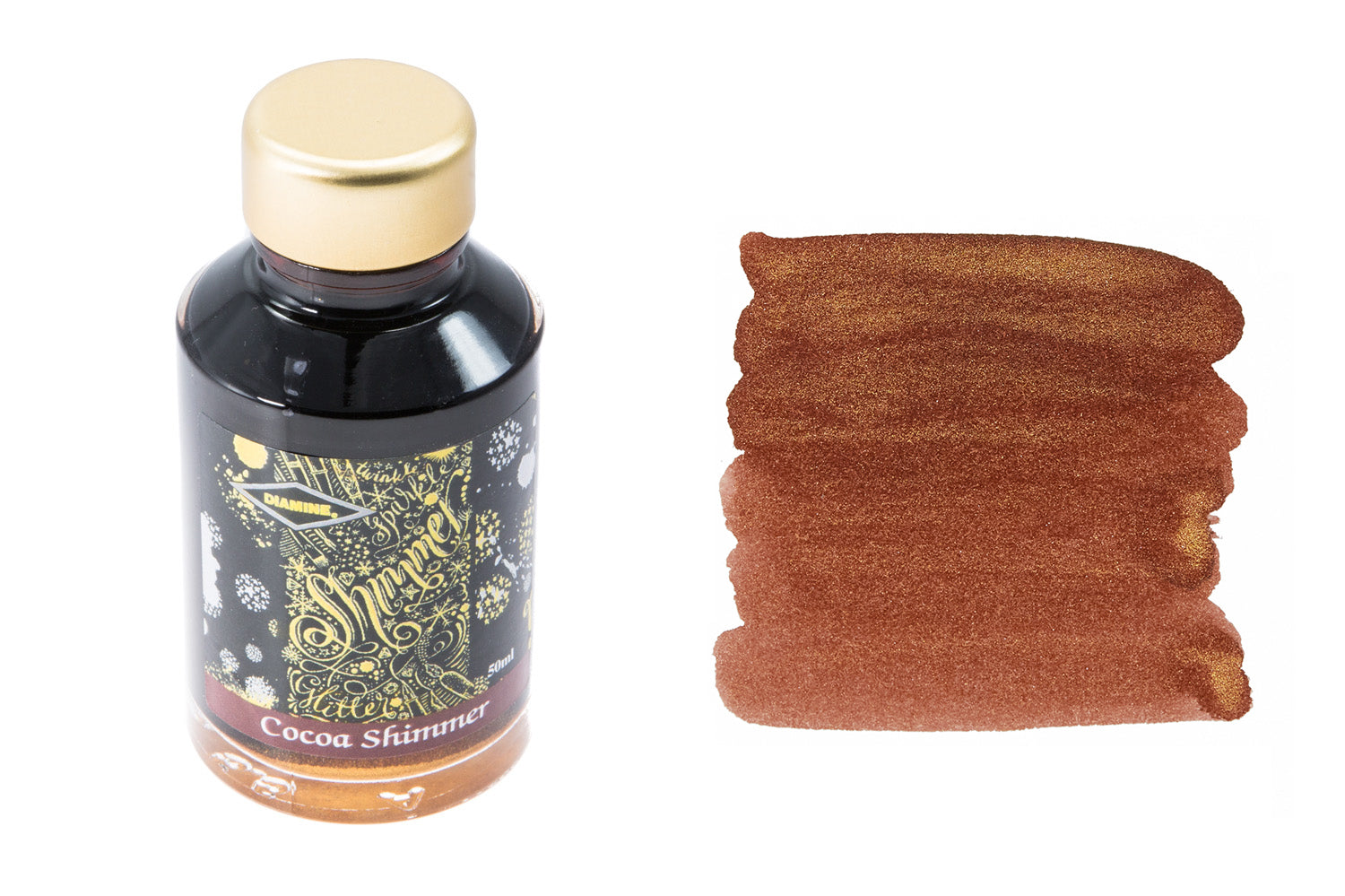 Diamine Cocoa Shimmer fountain pen ink bottle with swab