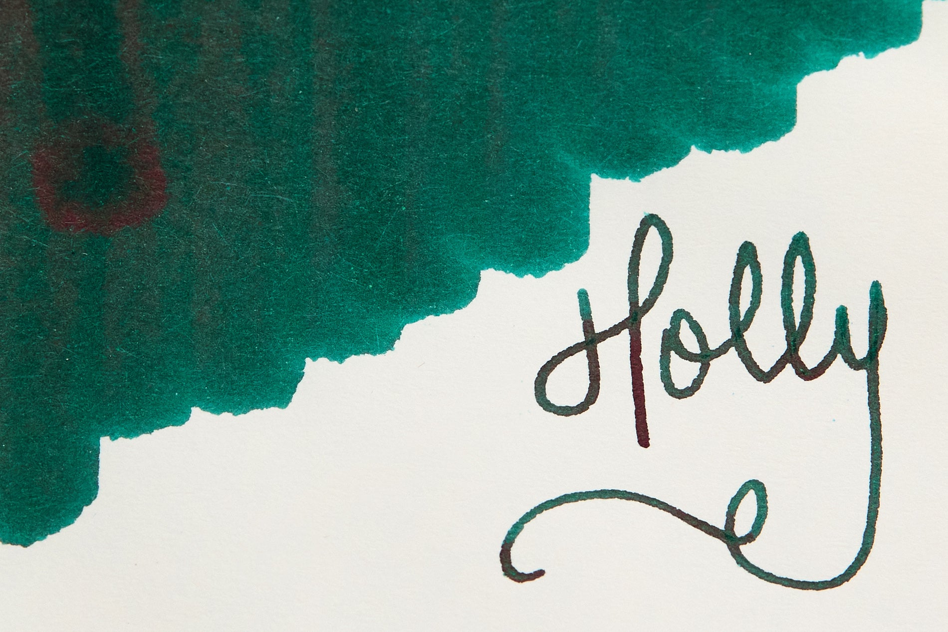 Diamine Holly Fountain Pen Ink swab sample upclose and more green, very little sheen showing