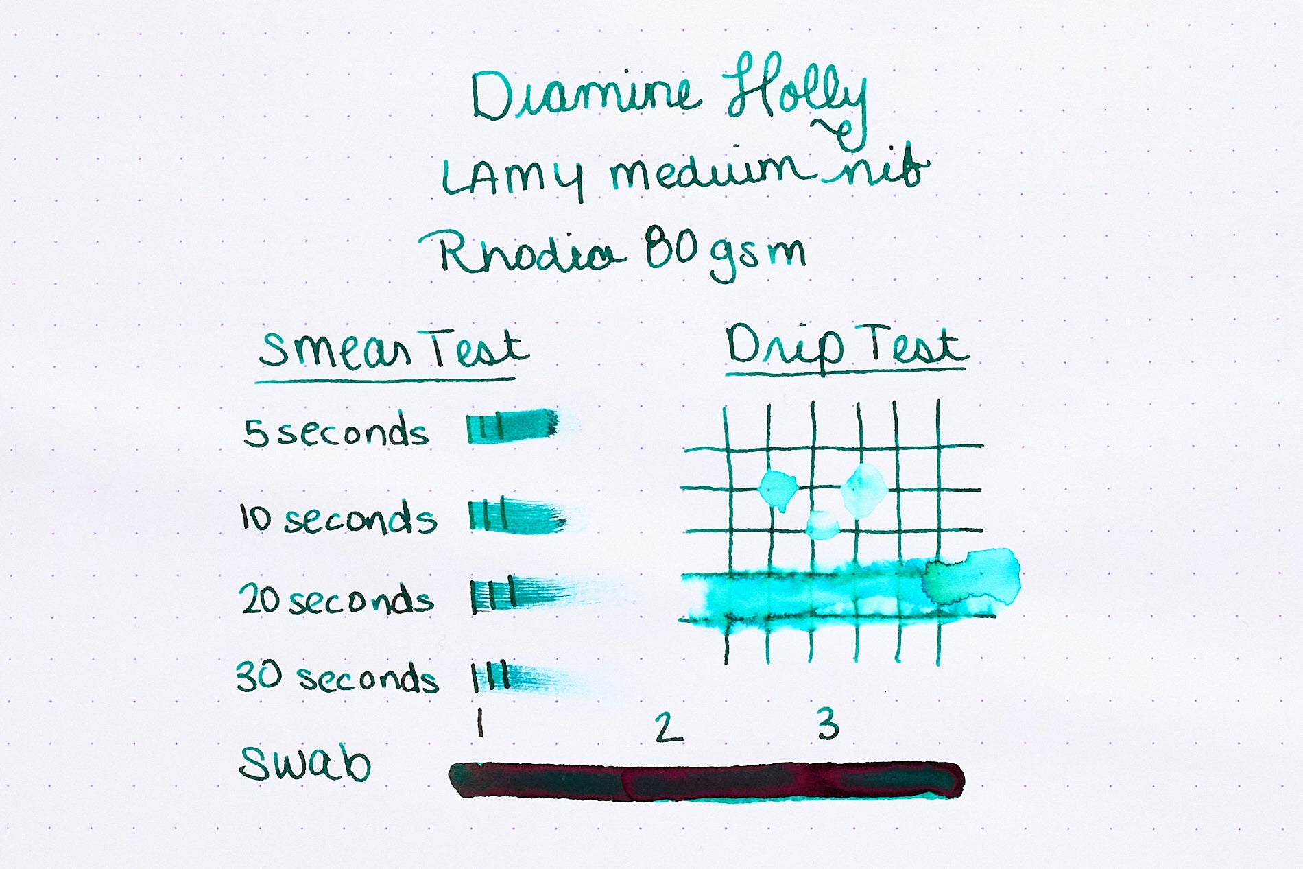 Diamine Holly Fountain Pen Ink writing sample on white dot grid paper