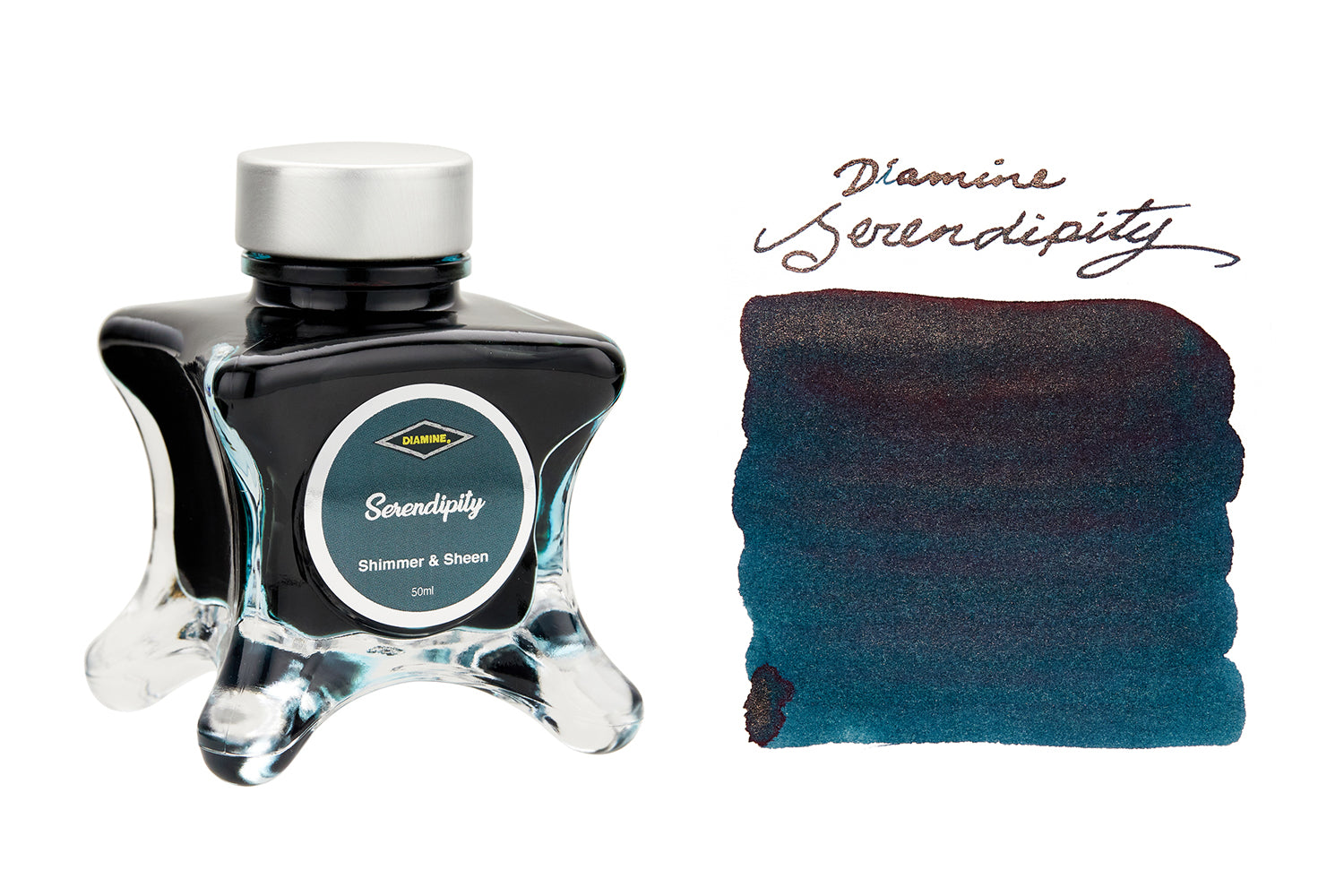 Diamine Serendipity fountain pen ink bottle and swab on white background