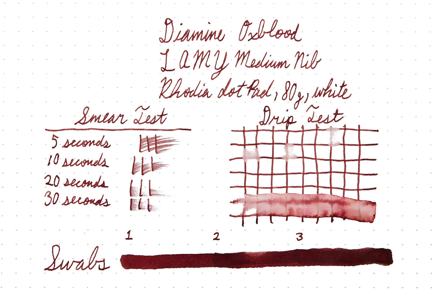 Diamine Oxblood Fountain Pen ink writing sample on white dot grid paper