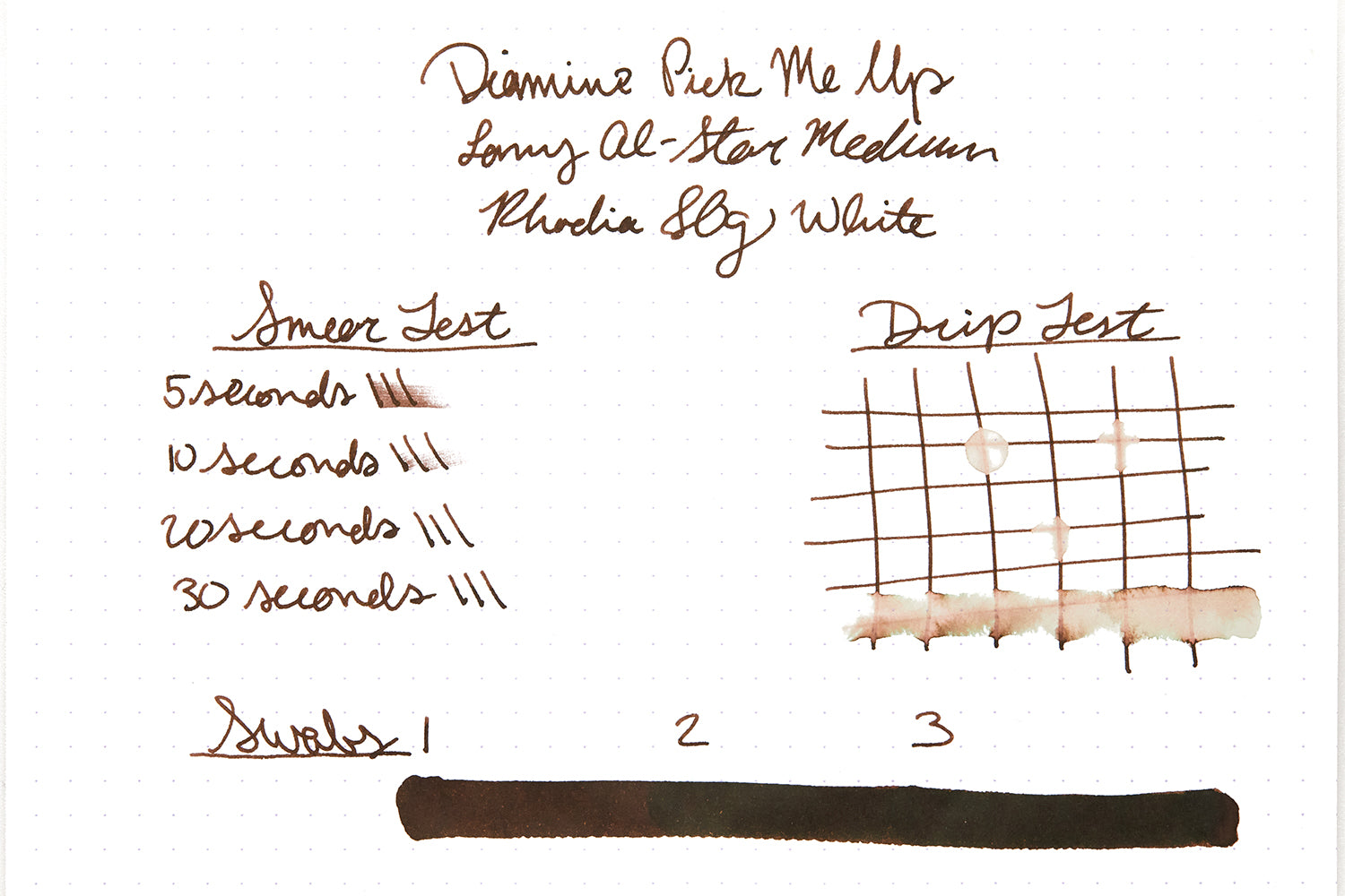 Diamine Pick Me Up Fountain Pen Ink writing sample on on white dot grid paper