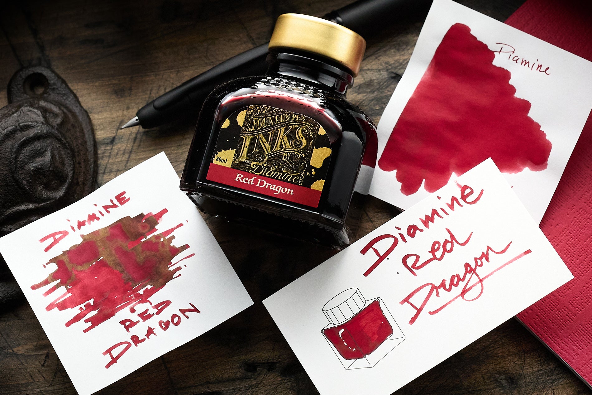 Diamine Red Dragon examples with pen and bottle