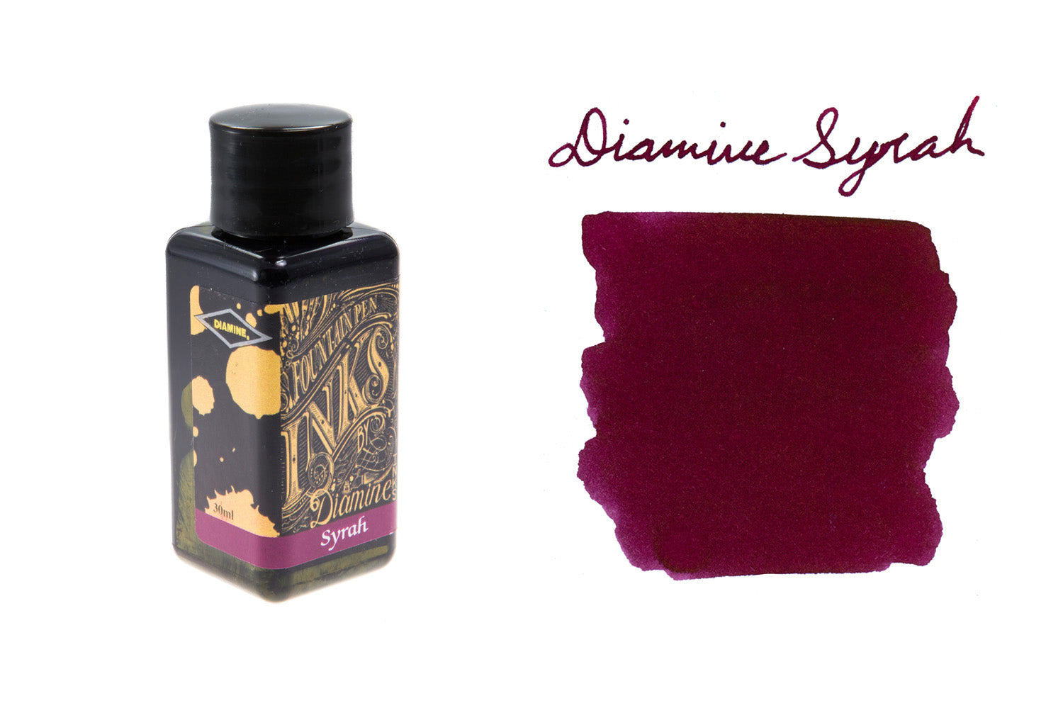 30 mL bottle of Diamine Syrah with swab next to it and text above on white background