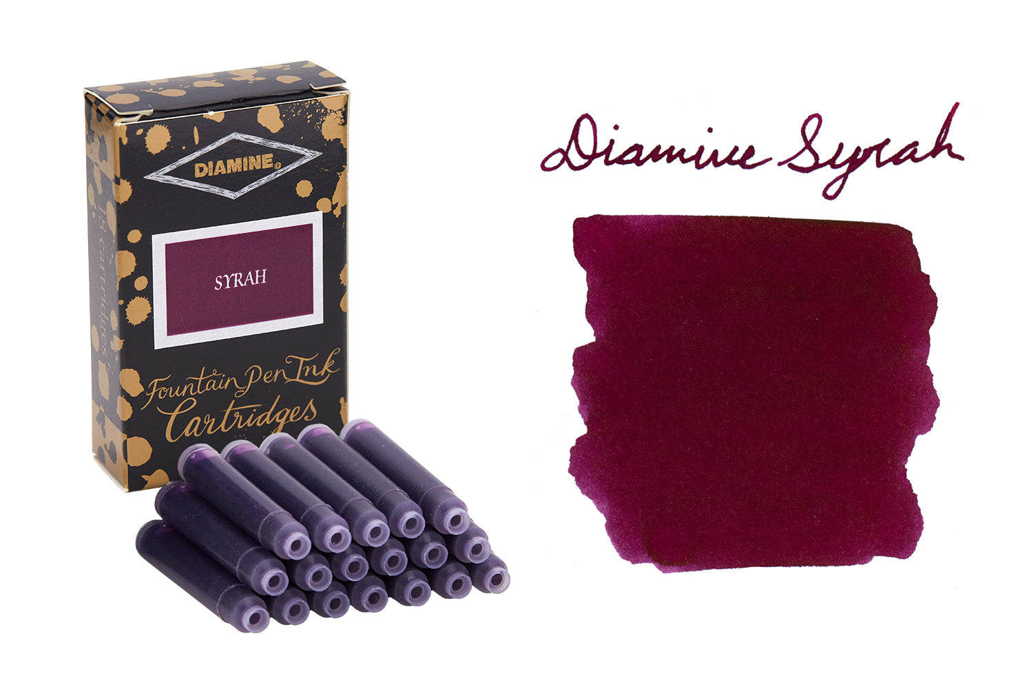 A pack of Diamine Syrah cartridges with swab next to it and text above on white background