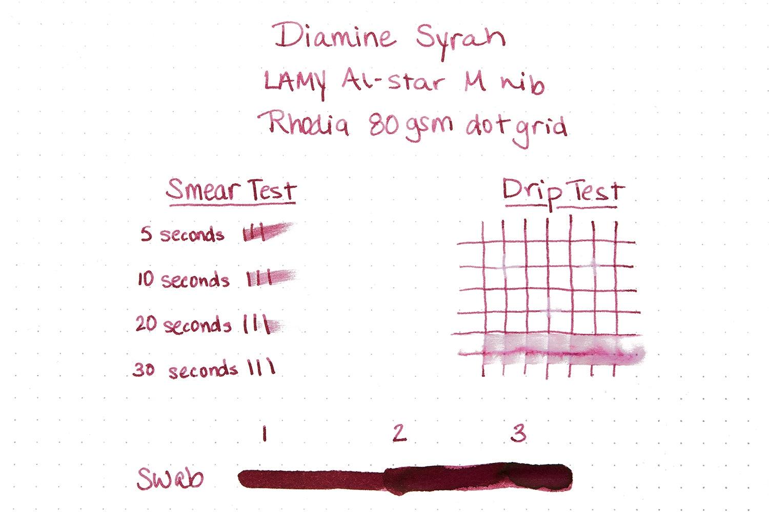 Diamine Syrah fountain pen ink writing sample on white dot grid paper