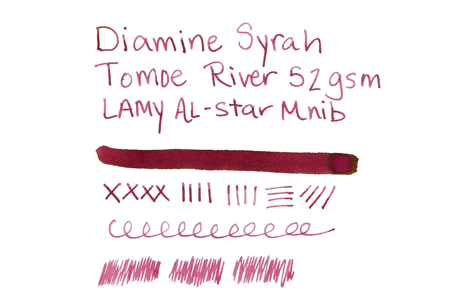 Diamine Syrah fountain pen ink writing sample on white blank paper