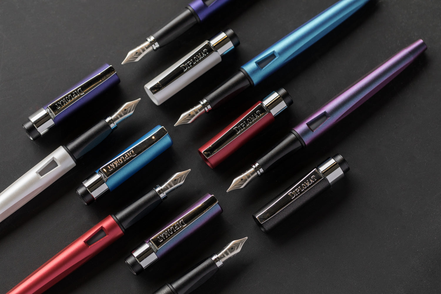 Assorted fountain pens from Diplomat uncapped
