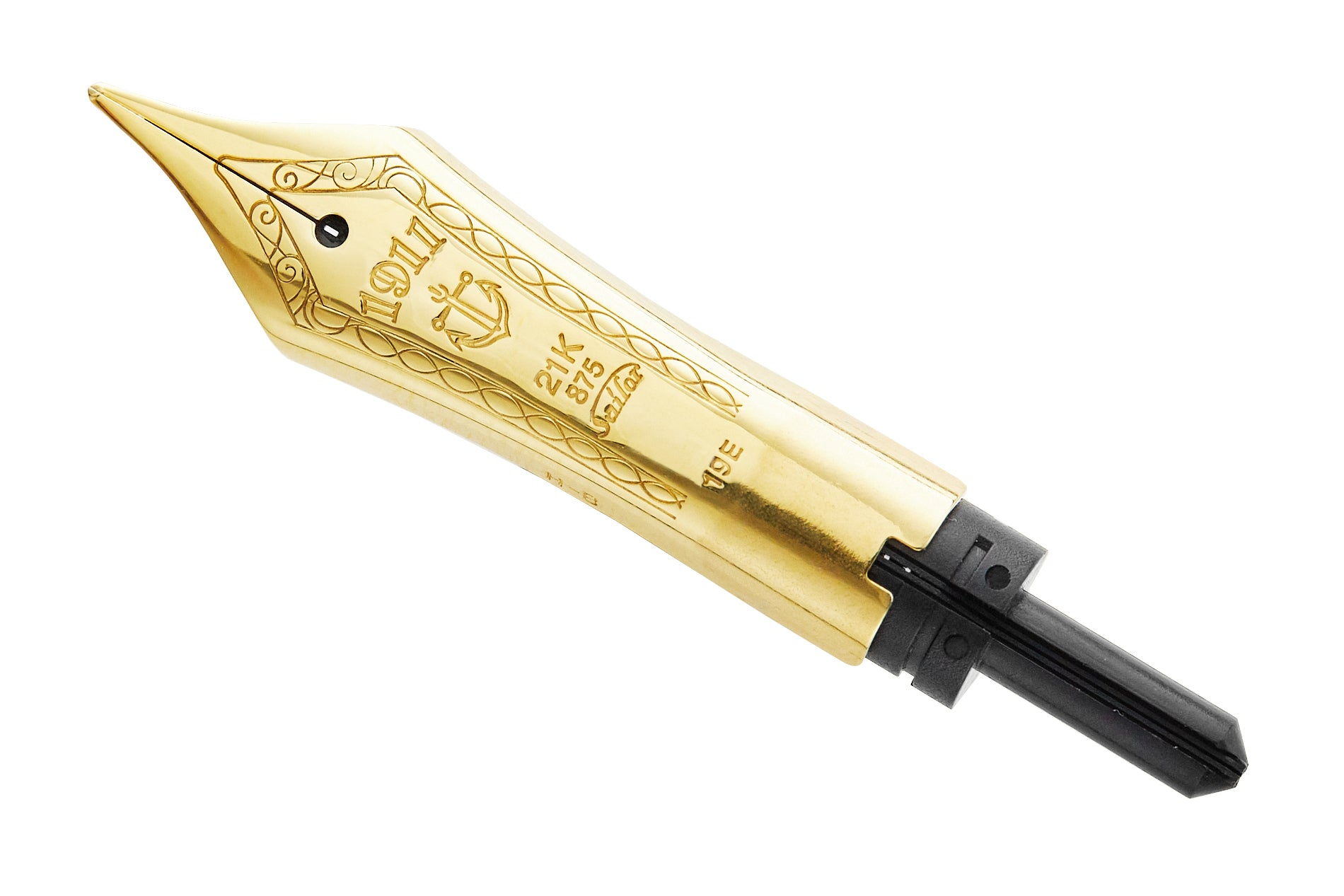 A Sailor gold fountain pen nib on a white background