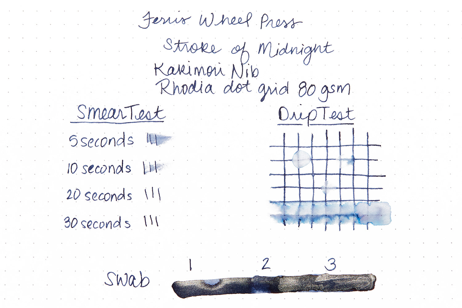 Ferris Wheel Press Stroke of Midnight fountain pen ink writing sample on white dot grid paper