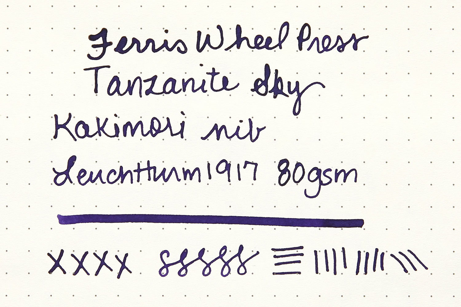 FWP Tanzanite Sky ink writing sample on cream colored dot grid paper