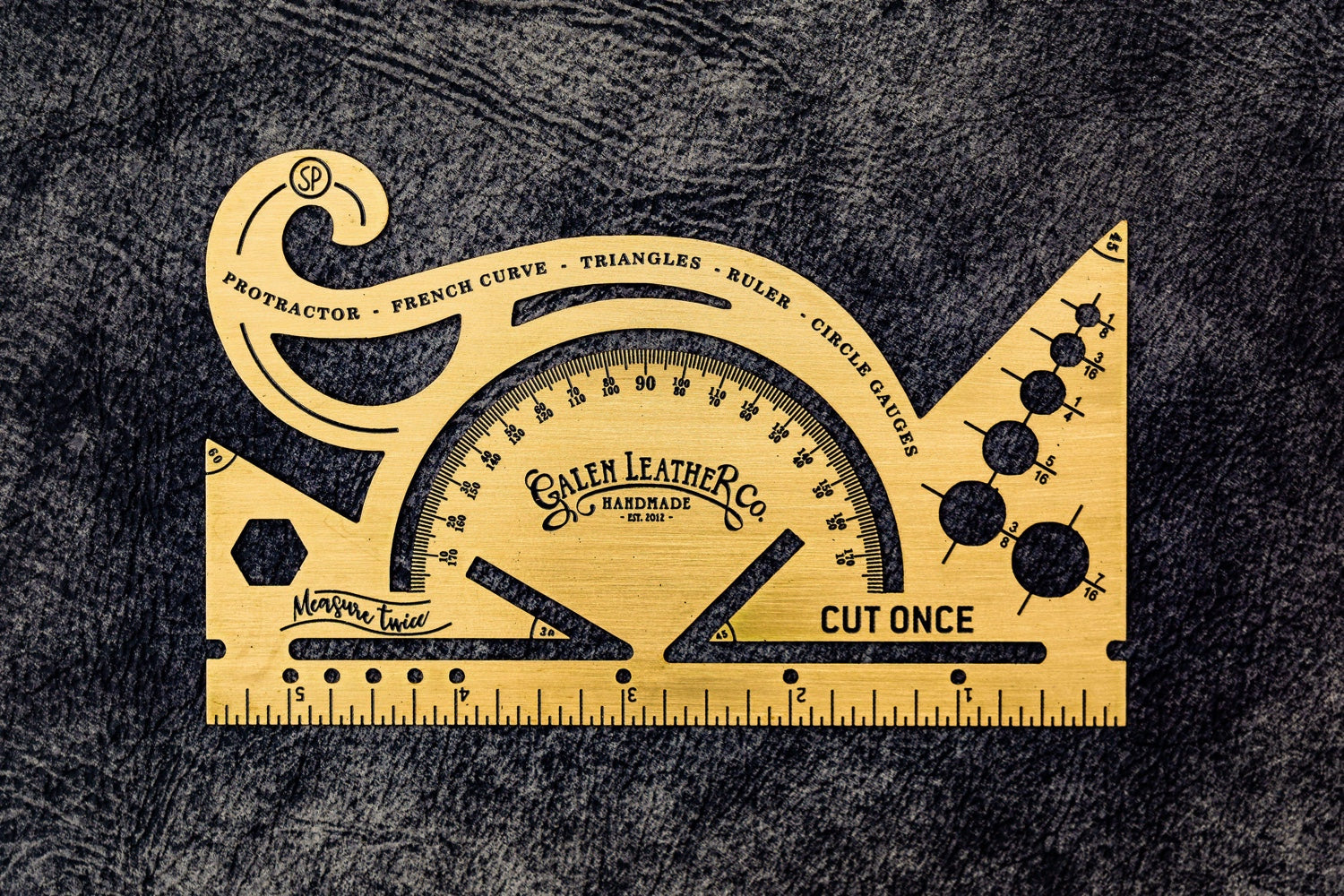Galen Leather Brass Protractor and Combined Tool includes a protractor, french curve, triangles, and circle.