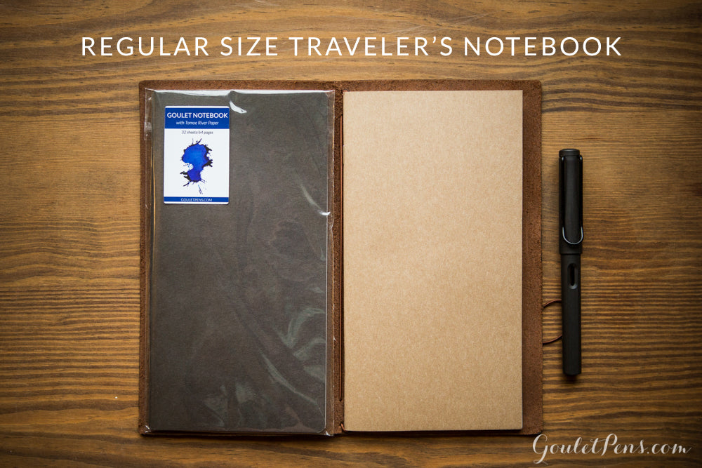 The Goulet Notebook with Tomoe River paper Regular TN fits in a regular size Traveler's Notebook.