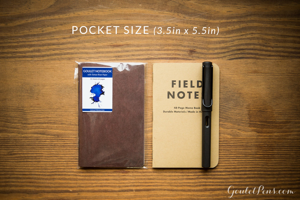 The Goulet Notebook with Tomoe River paper pocket size is the same size as a Field Notes Notebook.