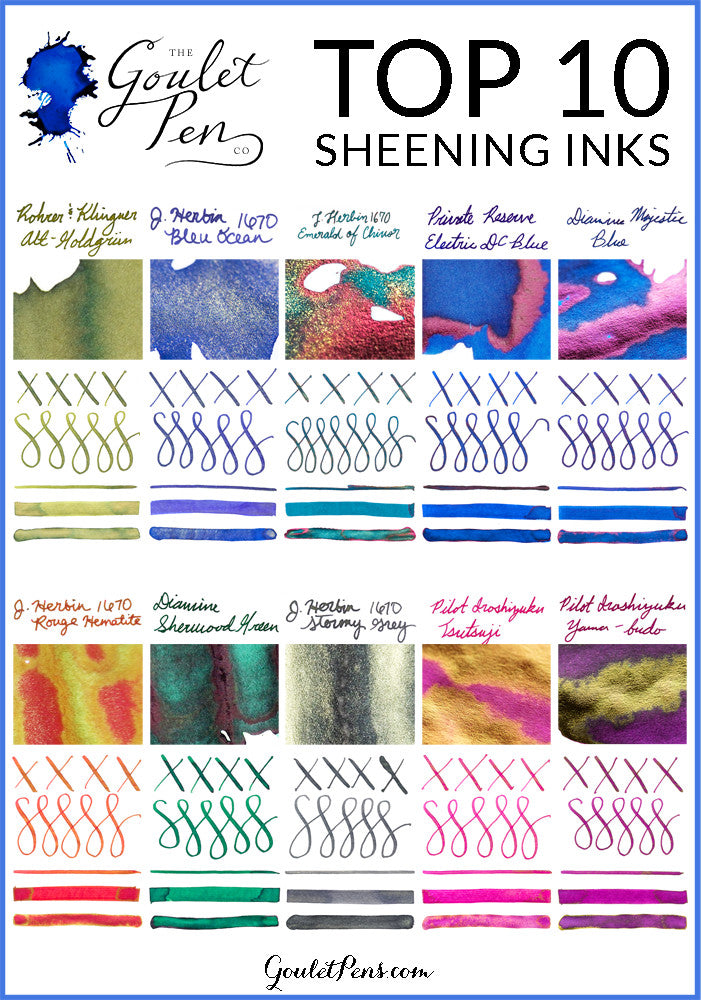 Photos of sheening inks with examples of how they sheen