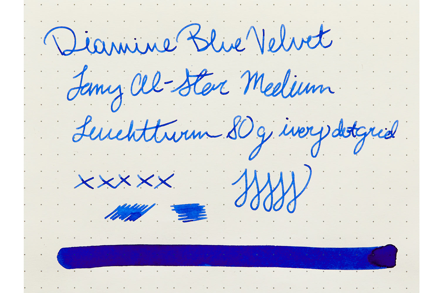 Diamine Blue Velvet Fountain Pen ink on cream dot paper
