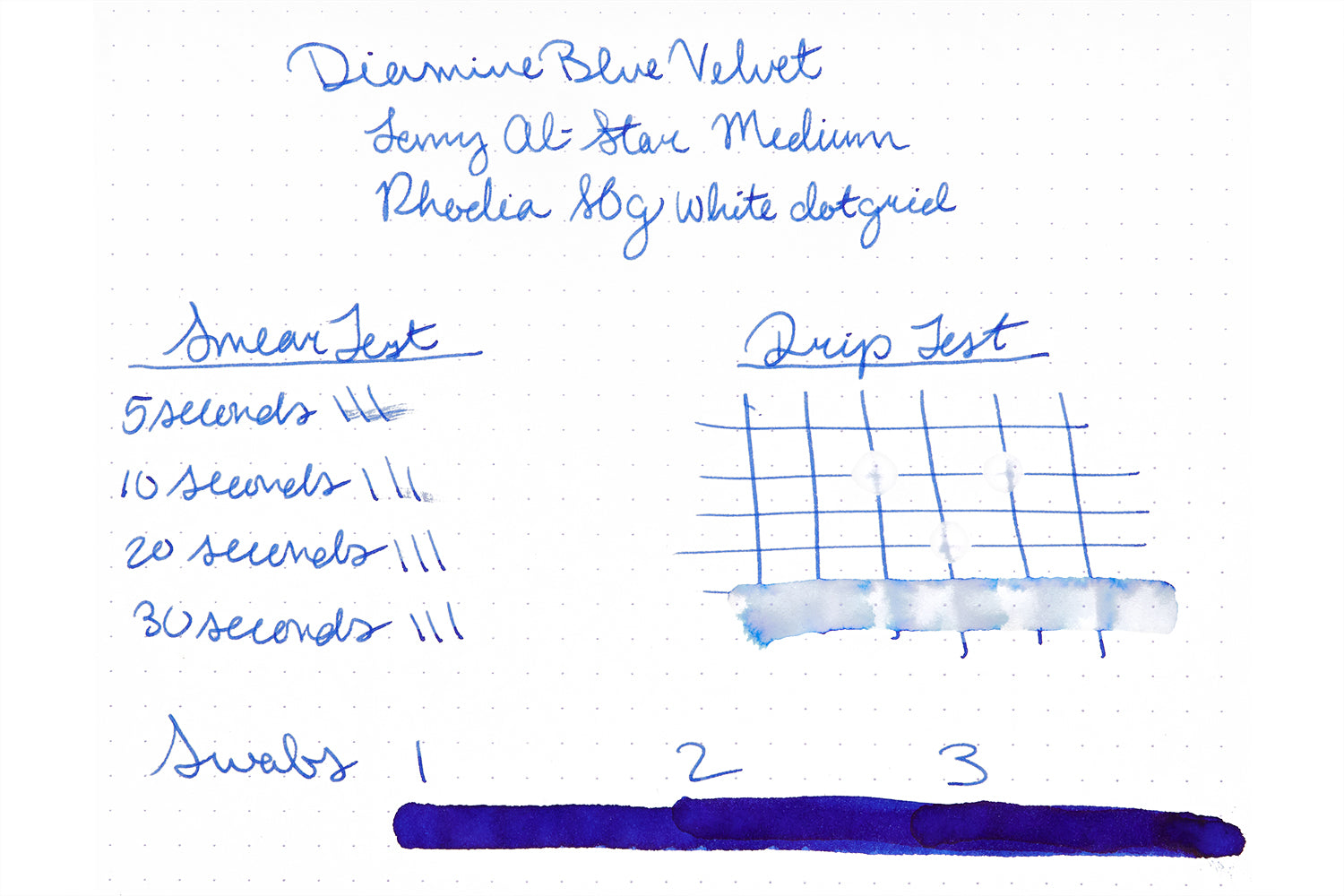 Diamine Blue Velvet Fountain Pen ink writing sample on dot grid paper