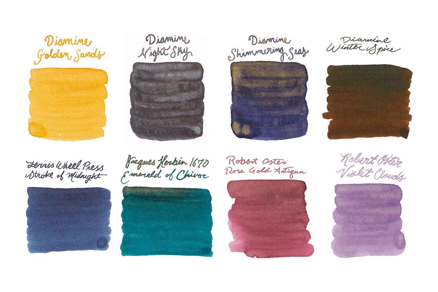 8 fountain pen ink swabs and writing samples with shimmer