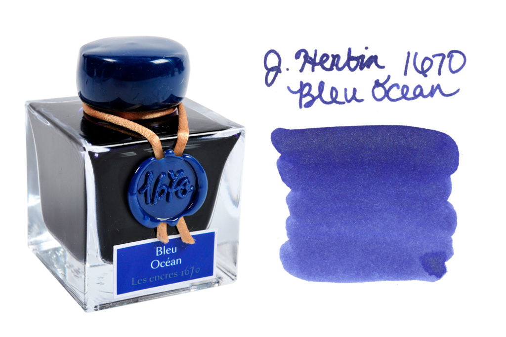 Jacques Herbin 1670 Bleu Ocean fountain pen ink bottle with writing sample