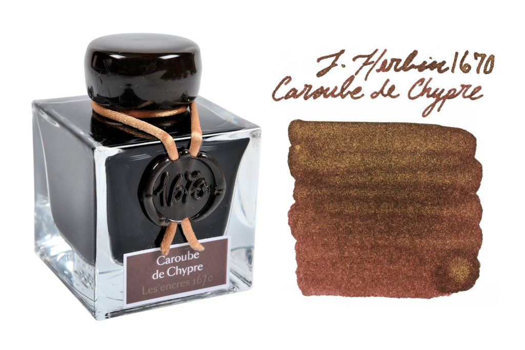 Jacques Herbin 1670 Caroube de Chypre fountain pen ink bottle with writing sample and swab