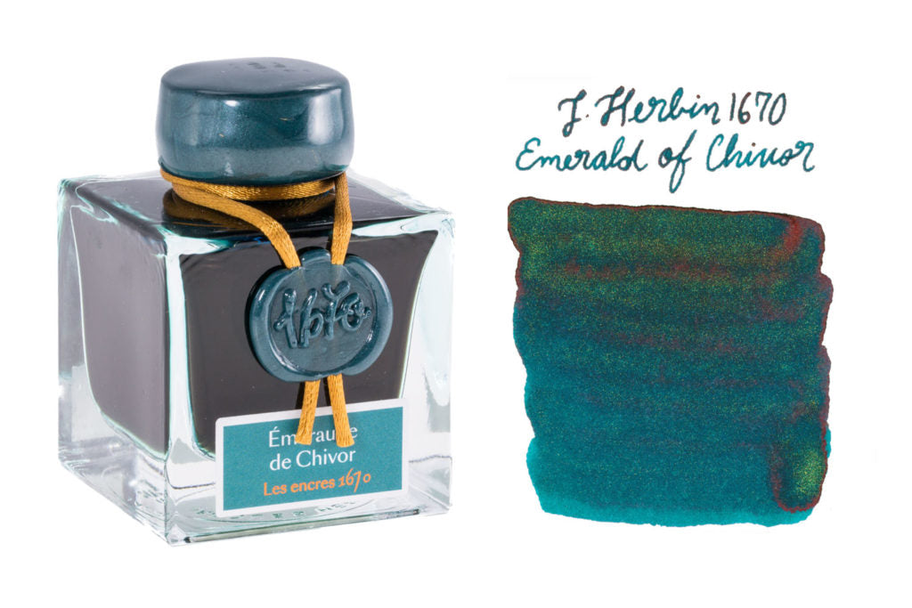 Jacques Herbin 1670 Emerald of Chivor fountain pen ink bottle with writing sample and swab
