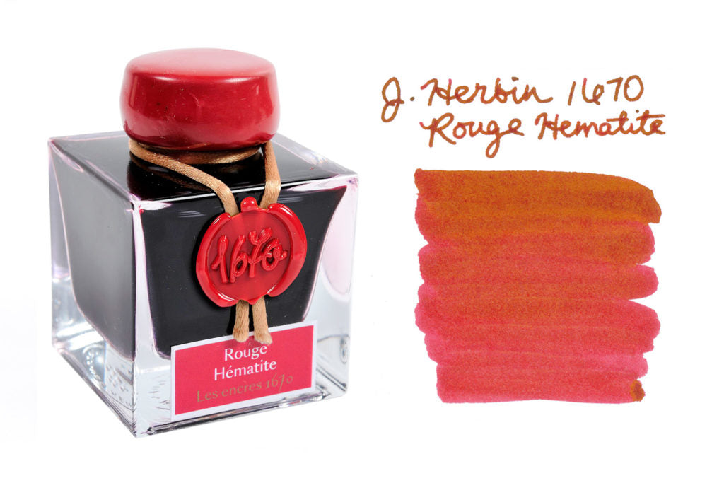 Jacques Herbin 1670 Rouge Hematite fountain pen ink bottle with writing sample