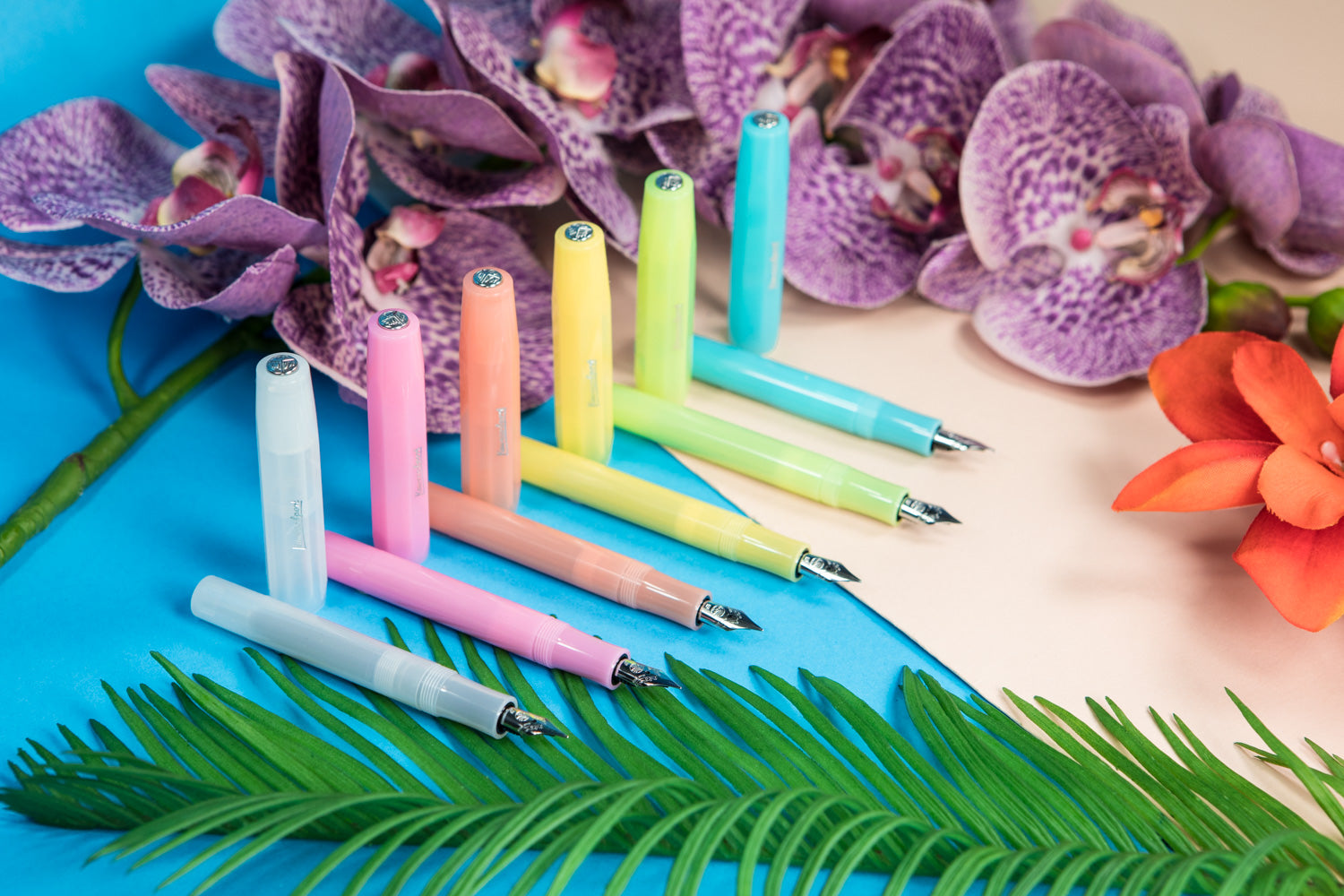 Kaweco sport assorted fountain pens on tropical colored background