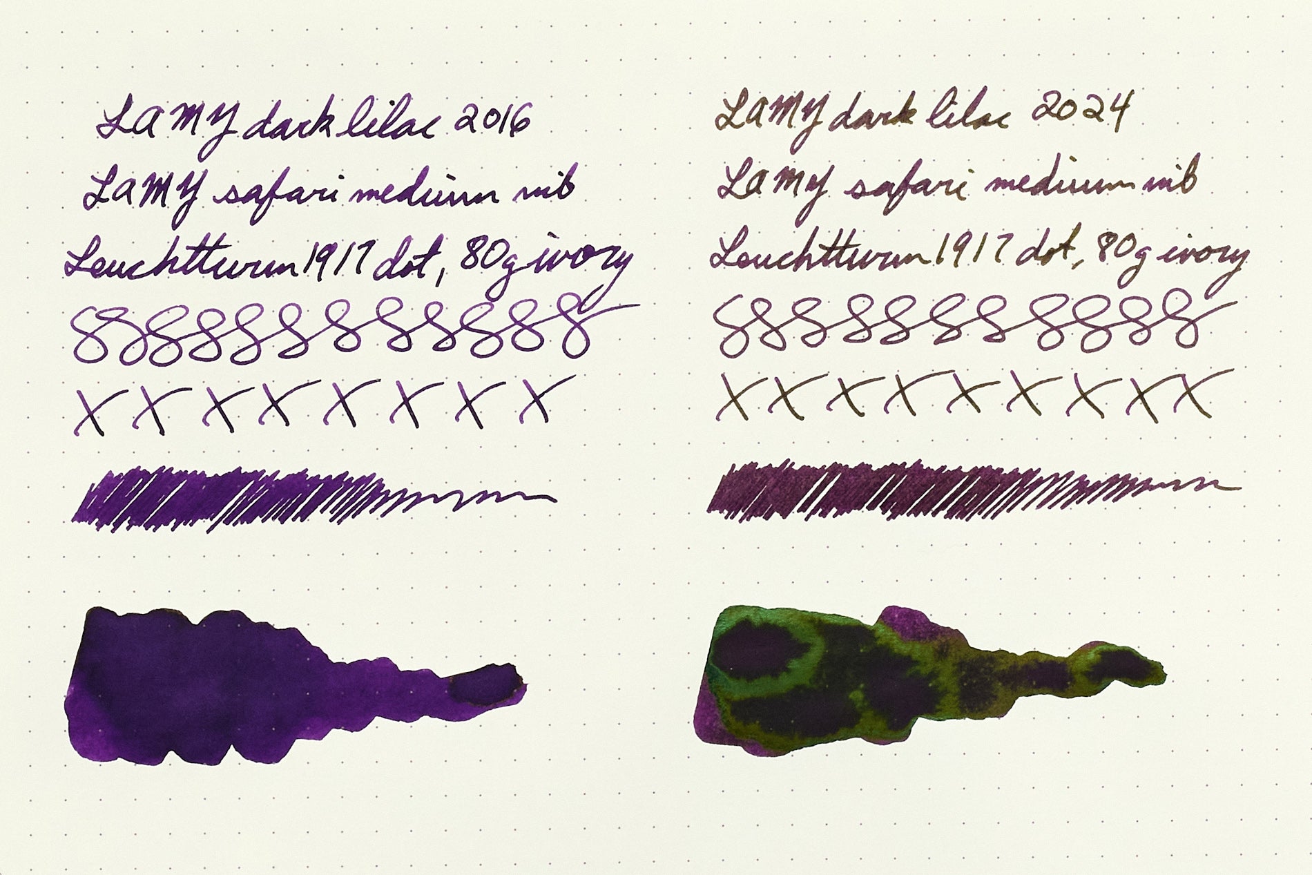 LAMY dark lilac fountain pen ink writing sample on cream dot grid paper