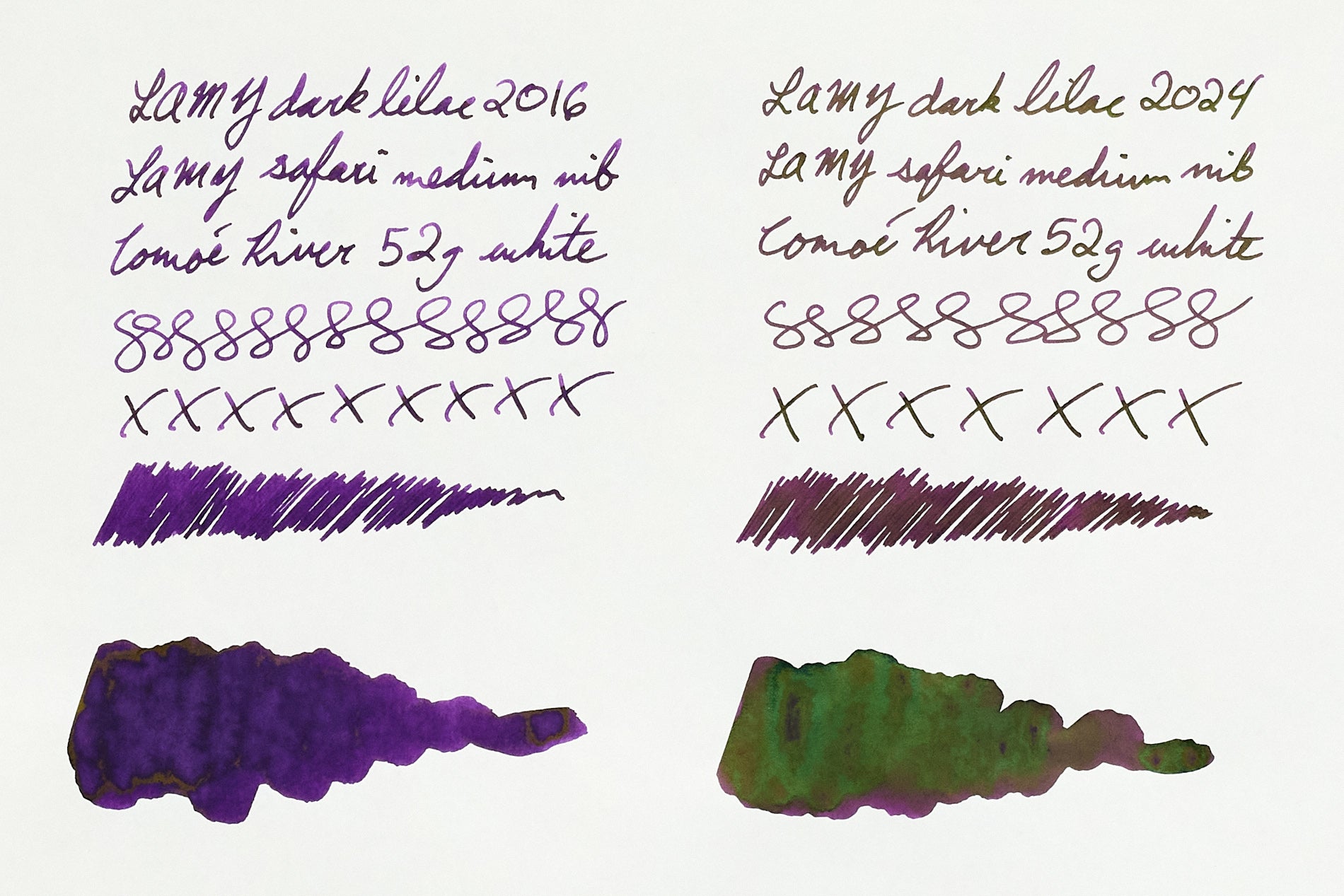 LAMY dark lilac fountain pen ink writing sample on white blank paper