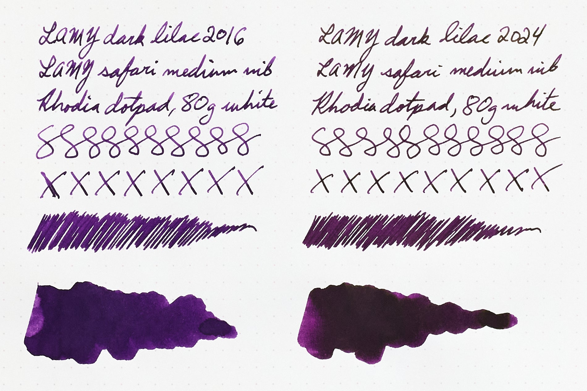 LAMY dark lilac fountain pen ink writing sample on white dot grid paper