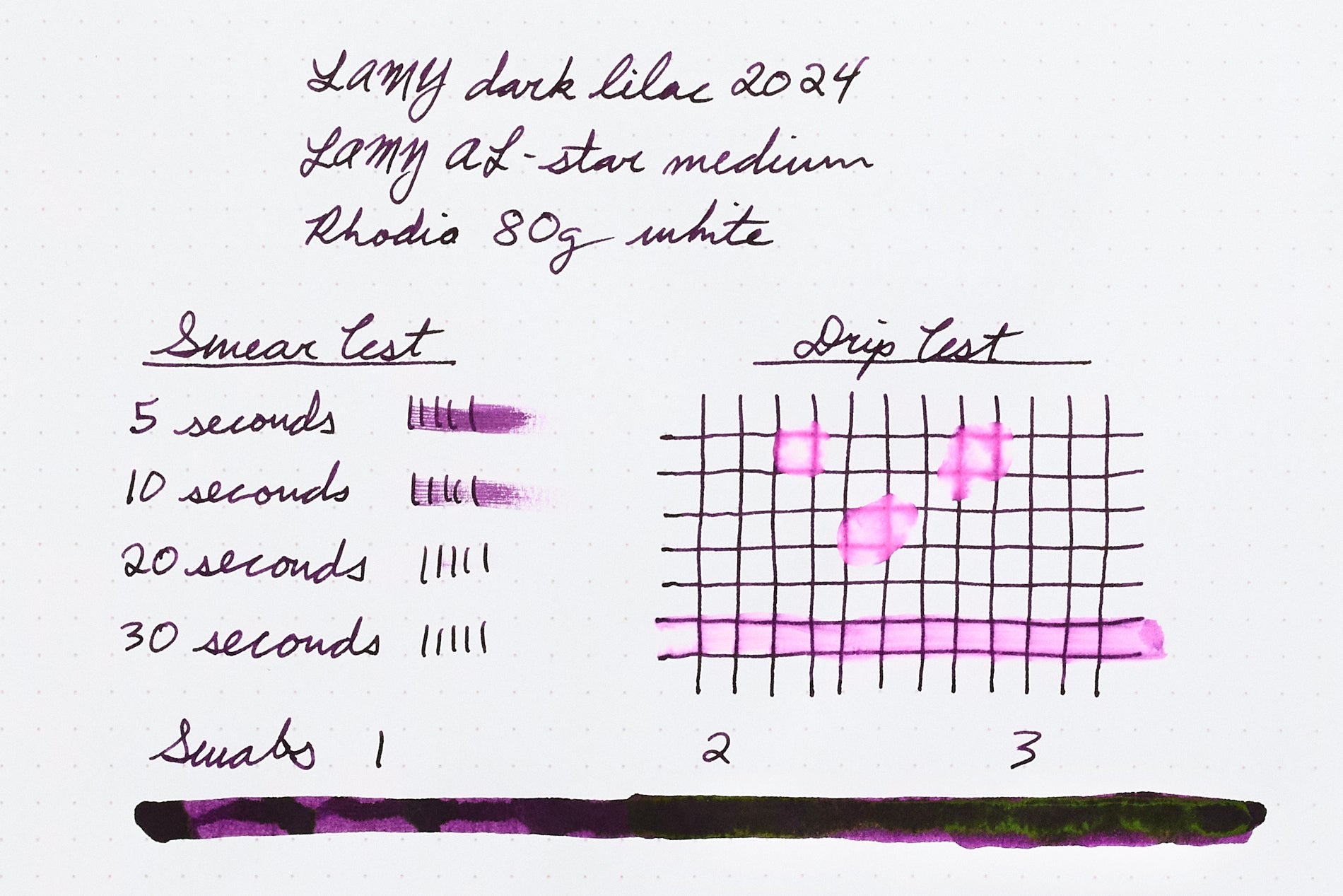 LAMY dark lilac fountain pen ink writing sample on white dot grid paper