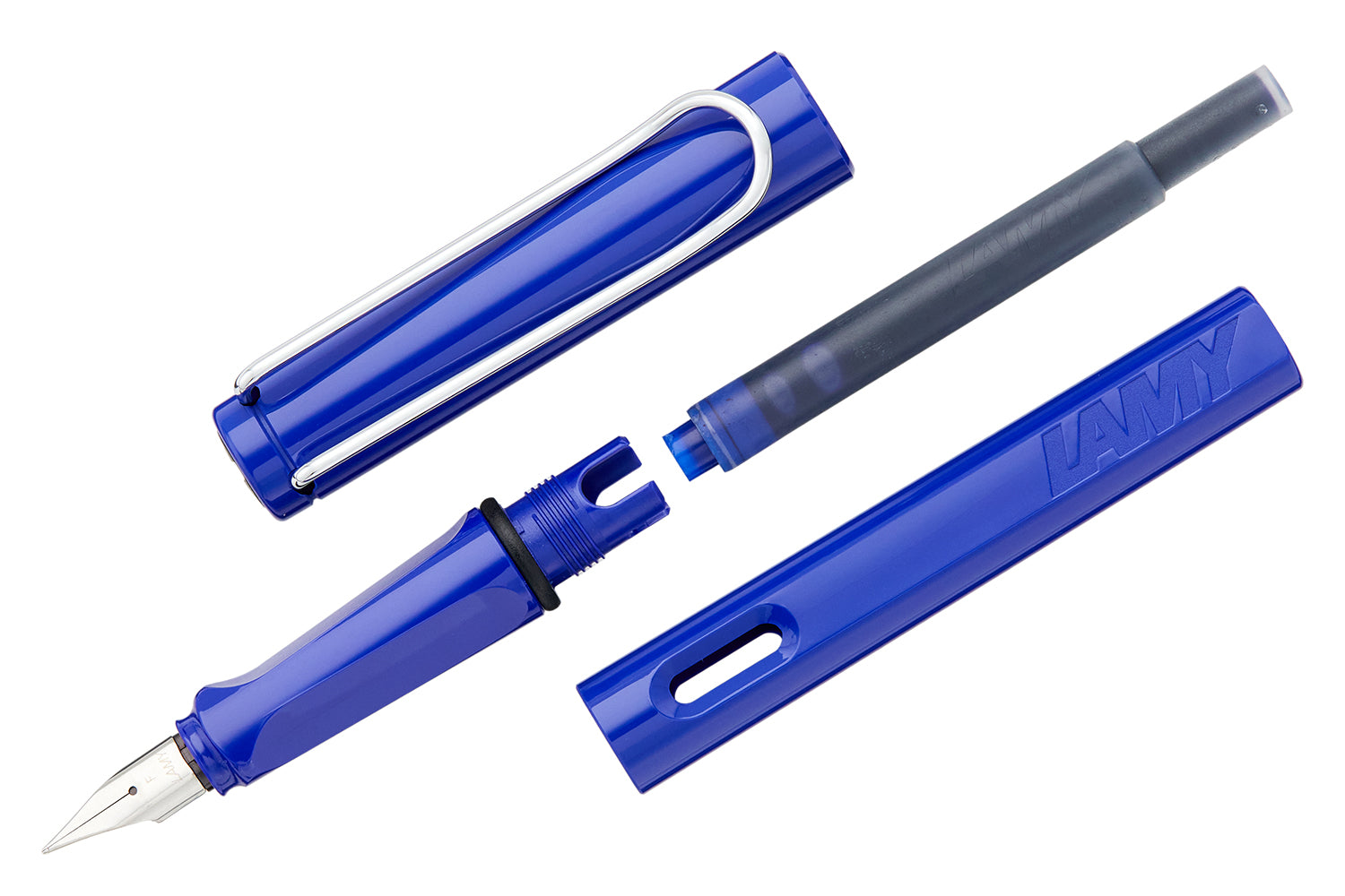 A blue fountain pen with parts separated on a white background