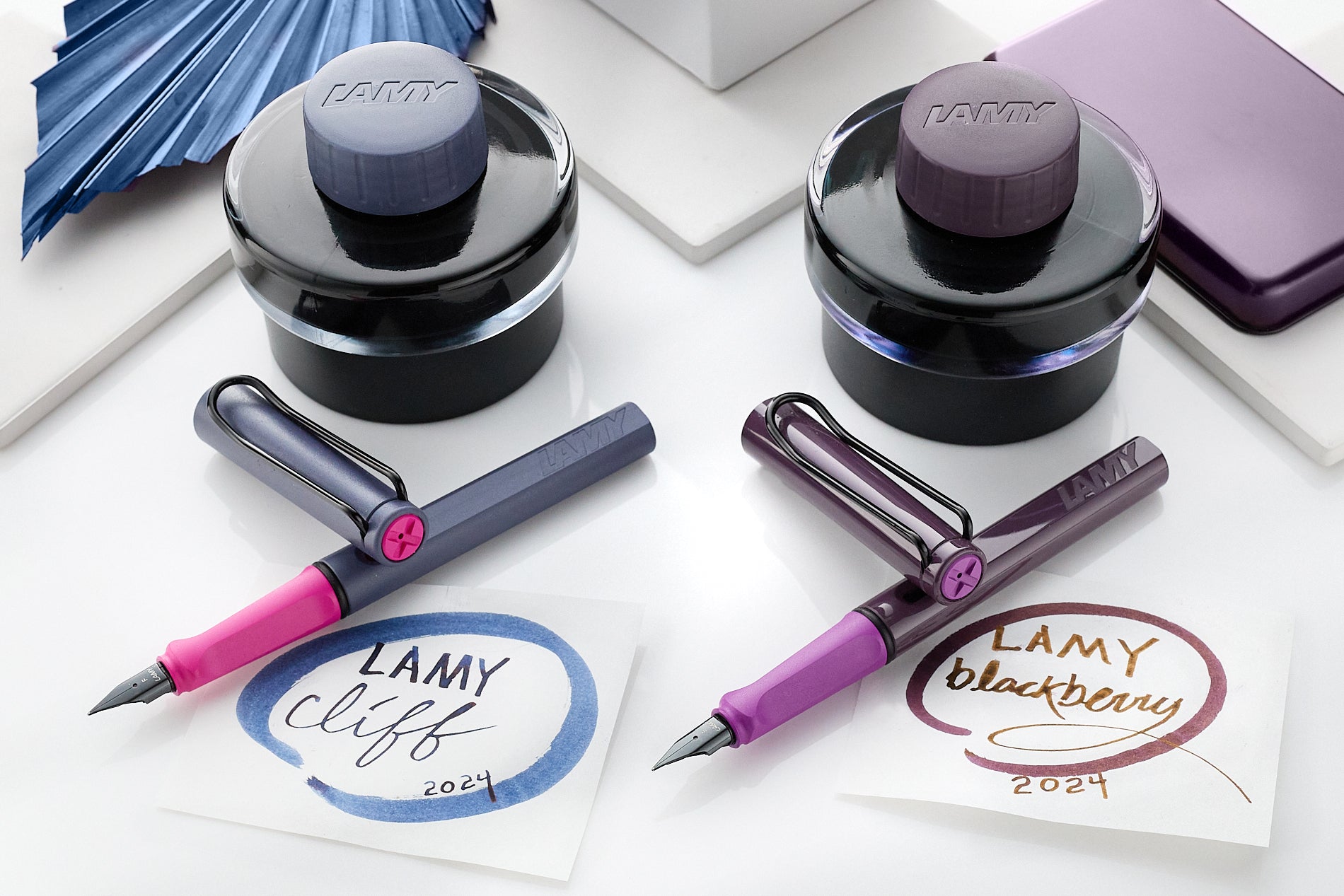 LAMY safari pink cliff and violet blackberry fountain pens with matching inks