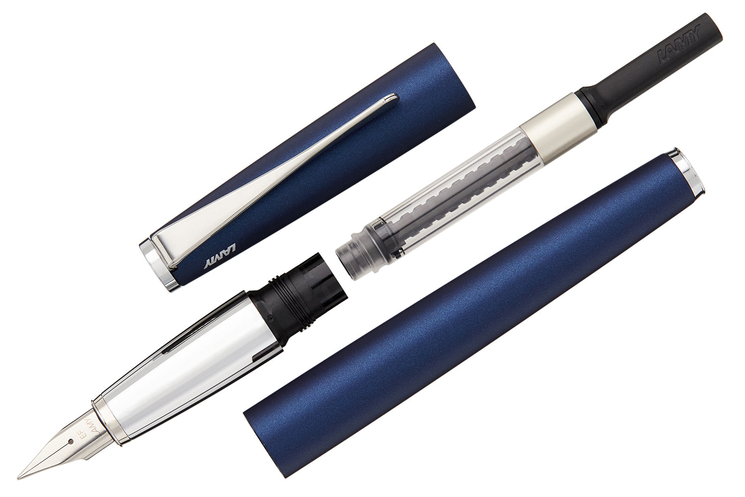 A dark blue fountain pen disassembled with a converter on a white background