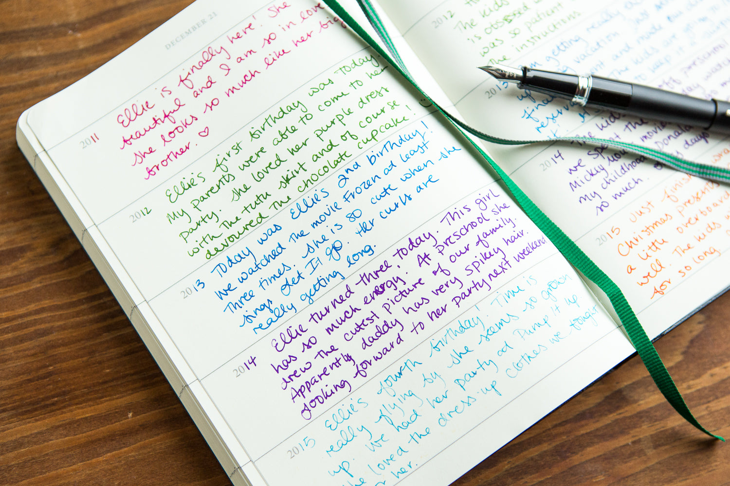 An open journal with various colors of writings about a daughter growing up