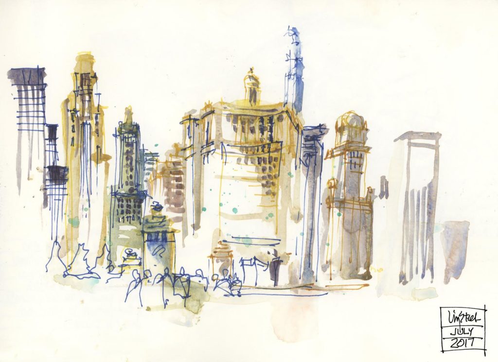 City scape sketched with fountain pens and water color