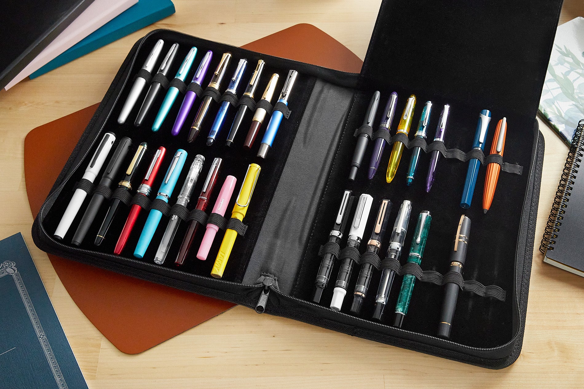 Monteverde 36-slot pen case filled with fountain pens