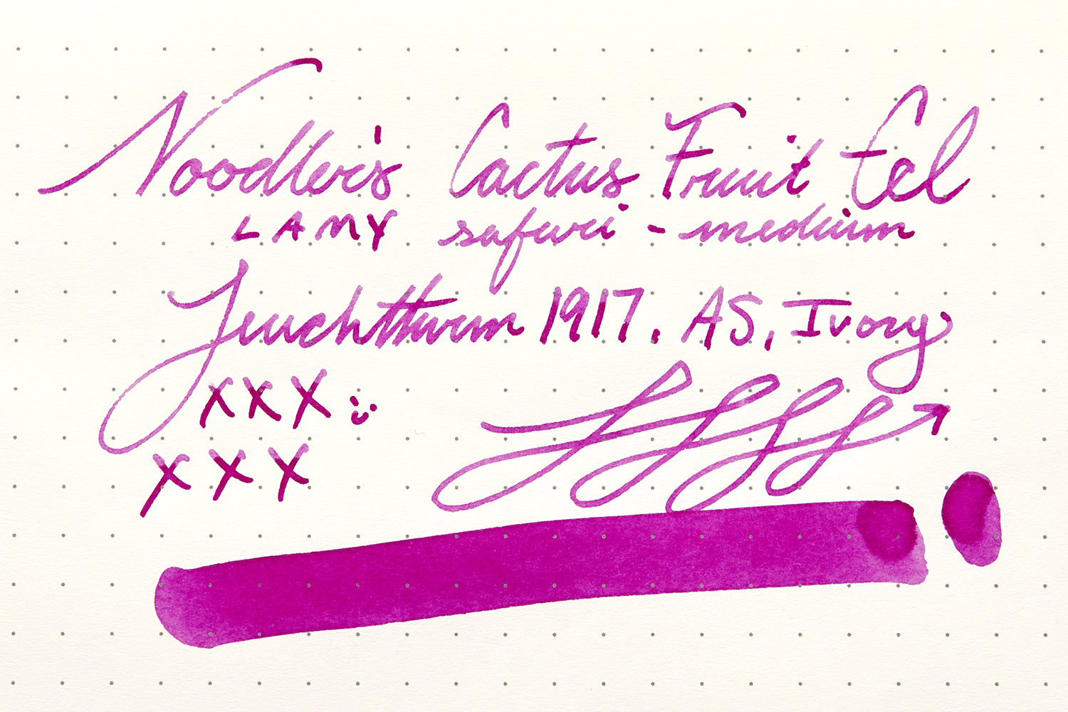 Noodler's Cactus Fruit Eel fountain pen ink writing sample on cream colored dot grid paper