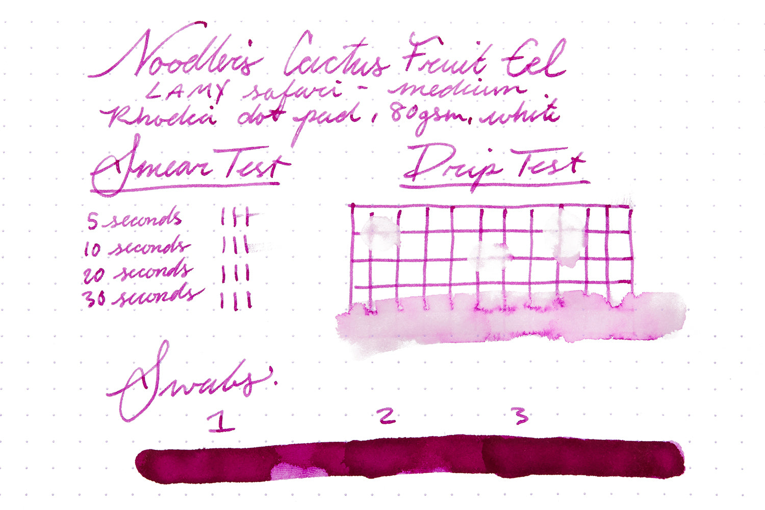 Noodler's Cactus Fruit Eel fountain pen ink writing samples on white dot grid paper