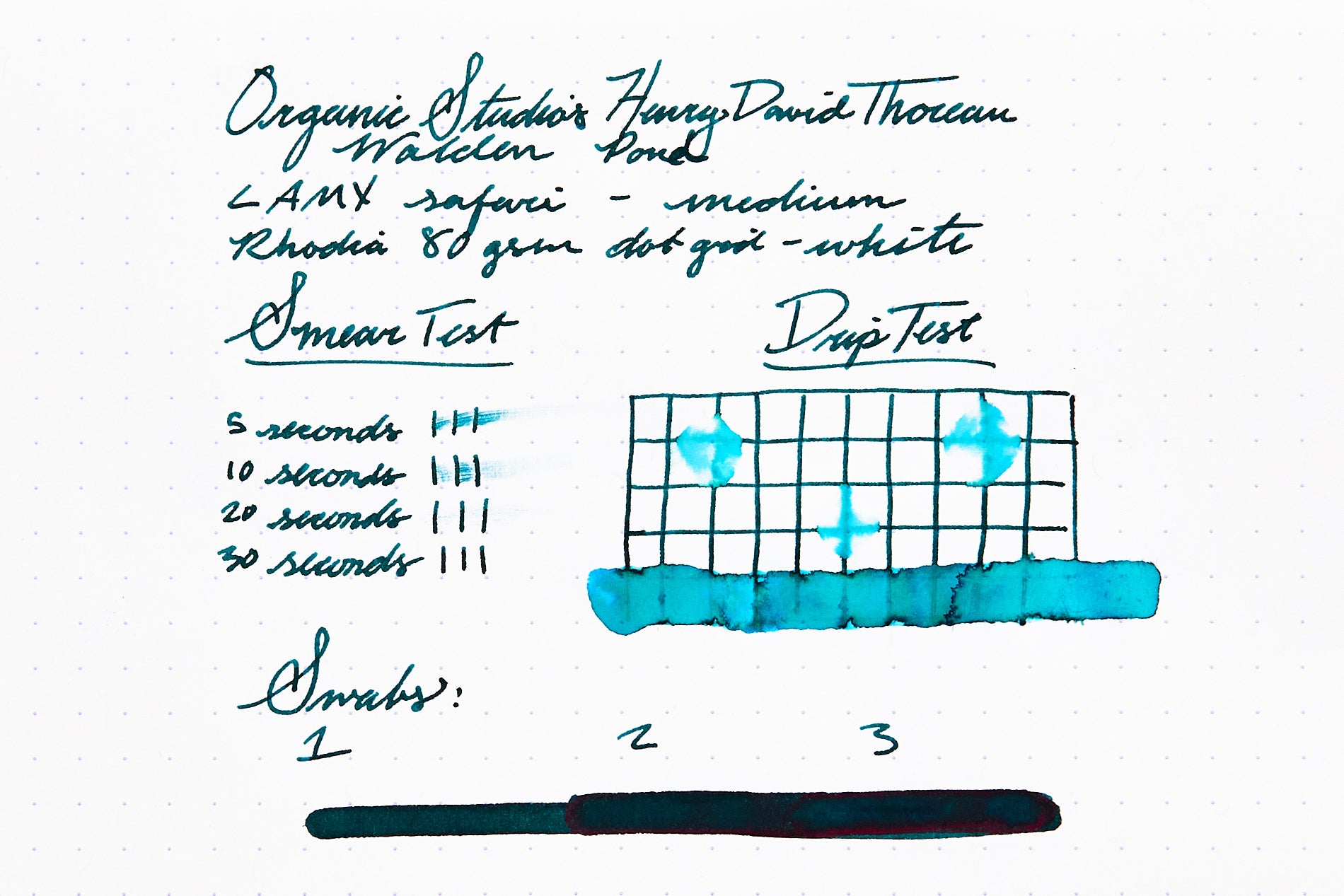 Organics Studio Henry David Thoreau Walden Pond Ink writing sample on white dot grid paper