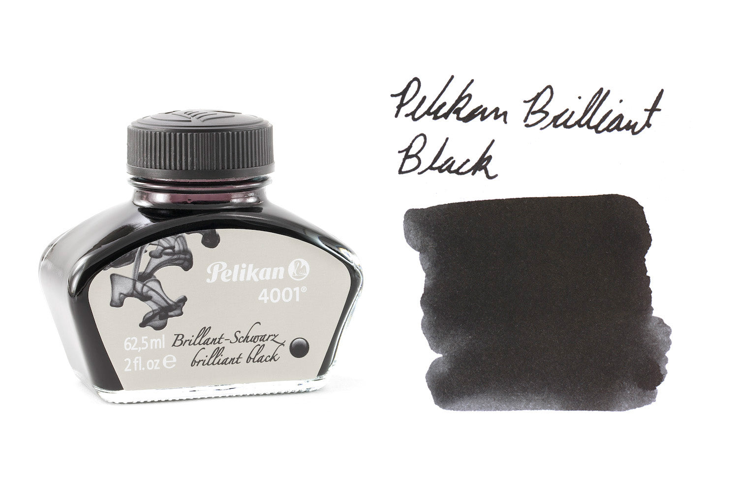 Pelikan 4001 Brilliant Black fountain pen ink bottle and swab