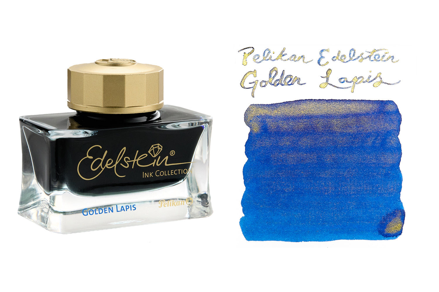 Pelikan Edelstein Golden Lapis fountain pen ink bottle and swab with text above the swab with the name of the ink