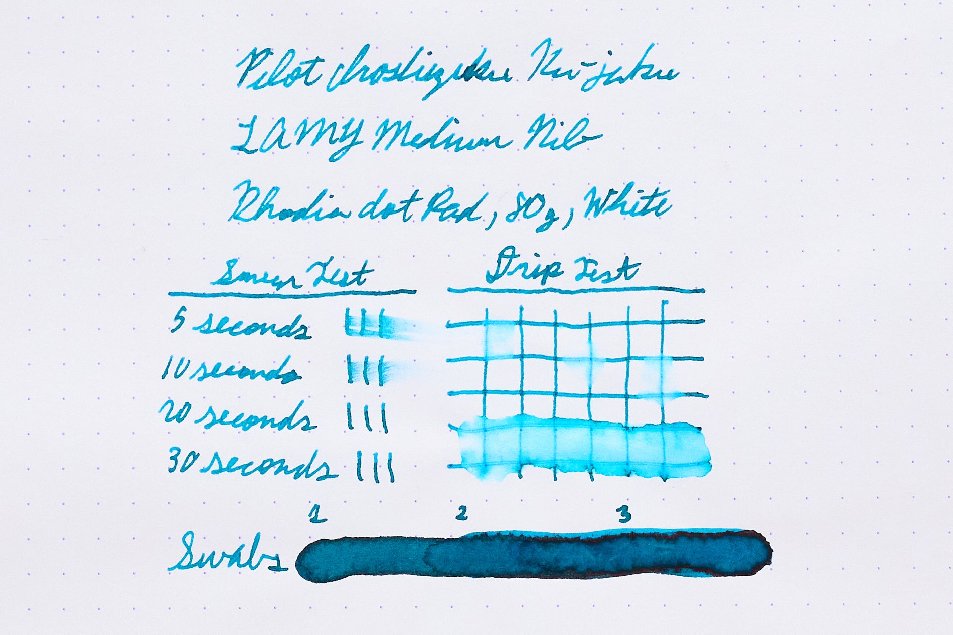 Pilot Iroshizuku Ku-Jaku Fountain Pen Ink writing sample on white dot grid paper
